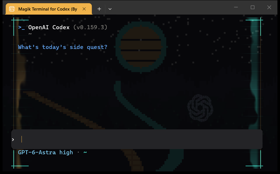 Magik Terminal for Codex (By W1d0wm4k3r) running in Windows Terminal with pixel wallpaper on, flame rails, rounded prompt corners, and a small Codex mark at lower right.